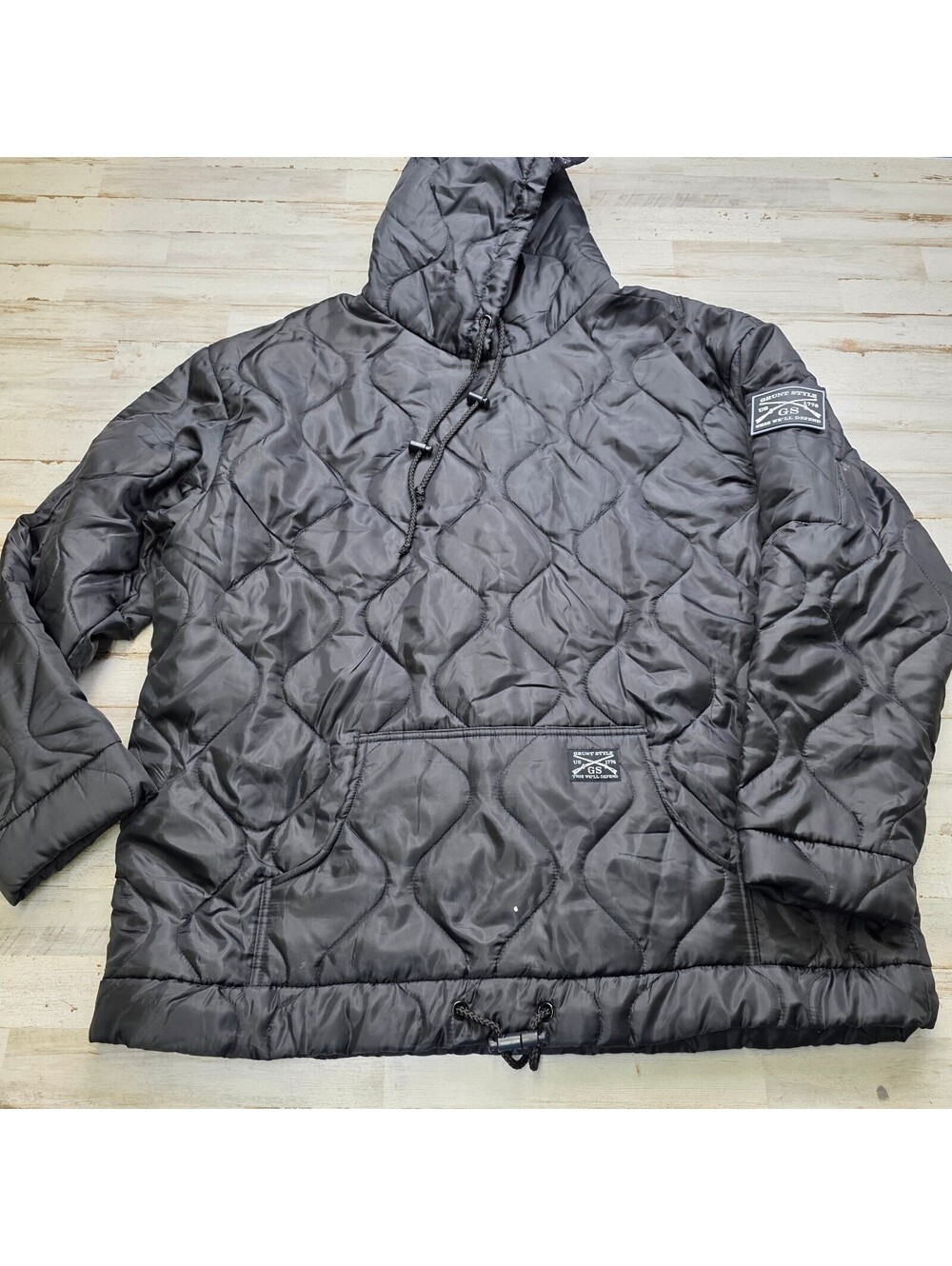 Grunt Style Men's 3XL Black Quilted Hoodie Jacket Patches Kangaroo Pocket XXXL